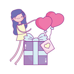 happy valentines day, girl with gift box and balloons shaped hearts love