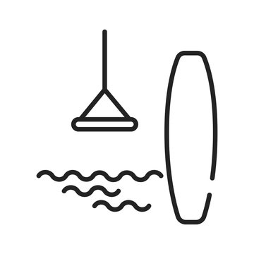 Wakeboarding Black Line Icon. Extreme Water Sport. The Rider, Standing On A Wakeboard, Is Towed Behind A Motorboat Across. Pictogram For Web Page, Mobile App, Promo. UI UX GUI Design Element.