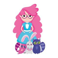 girl with cats and rabbit wonderland cartoon characters