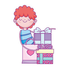 happy valentines day, boy with gifts and shopping bag cartoon