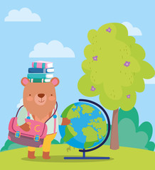 back to school, bear books globe map backpack tree outdoor