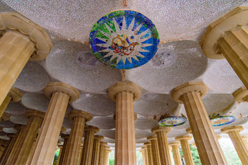 Hypostyle Room in Park Guell in Barcelona, Spain