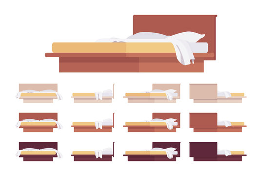 Modern bed wood furniture platform with headboard and linen. Pillow, comfortable blanket, mattress foundation for home or hotel decor. Vector flat style cartoon illustration, different colors and view