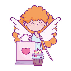 happy valentines day, cupid with cake and bag gift