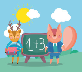 Obraz na płótnie Canvas back to school, squirrel deer with backpack chalkboard