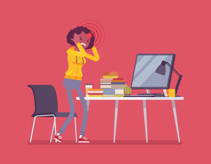 Female black freelancer suffering with headache and migraine. Young overworked woman tired, online networking stress and self-employment failures, frustrated. Vector flat style cartoon illustration