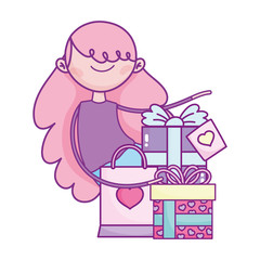 happy valentines day, girl with gifts and shopping bag celebration