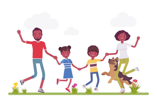Happy black family enjoying outdoor time with kids and pet. Husband, wife, son, daughter positive team, traditional household, happiness and good relationships. Vector flat style cartoon illustration