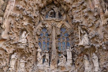 The sculptures on the Nativity facade of Sagrada Familia in Barcelona, Spain