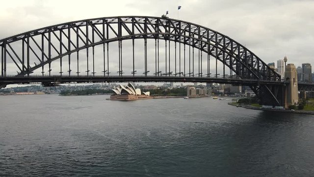 Aerial footage of Sydney Harbour Bridge, from helicopter featuring Sydney CBD, Sydney Ferries (ferry), with Sydney Skyline in Background Ferries in Foreground, on the Parramatta River.