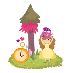 girl with cat in head and clock tree foliage in wonderland