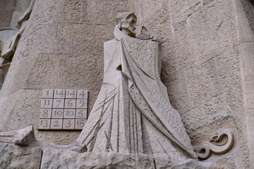 The sculptures on the Passion facade of Sagrada Familia in Barcelona, Spain