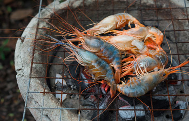 shrimp grilled bbq seafood on stove, outdoor food