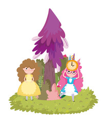 Obraz na płótnie Canvas girl clock pine tree grass in wonderland cartoon
