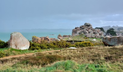 Beautiful seascape on the pink granite coast in Brittany . France