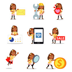 Set character of woman wearing unique popcorn costume in movie theatre.