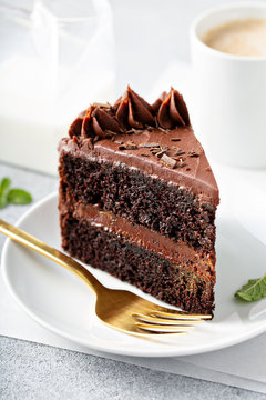 Dark chocolate cake slice with chocolate buttercream frosting