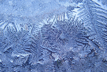 Photographing macro ice on the glass in winter Patterned like leaves