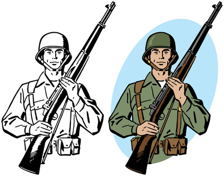 A drawing of an American World War II era army soldier holding a rifle. 