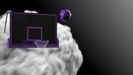 Black-Purple Basketball with dark brown toned foggy smoke background. 3D sketch design and illustration. 3D high quality rendering.