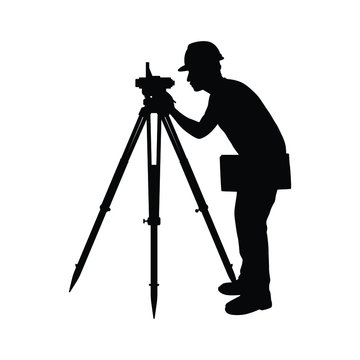 Engineer with theodolite silhouette vector. Industrial technology concept.