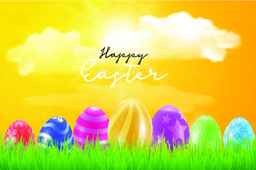 Happy Easter day celebration party. 3D egg with grass and sun with happy easter text in the spring season on a background. for banner, greeting card, social media advertising