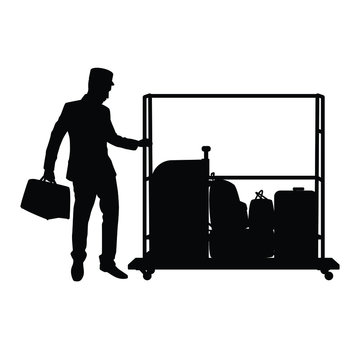 recommend clip art: Male hotel employee and cart silhouette vector, people