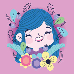 smiling girl flowers leaves botanical floral decoration