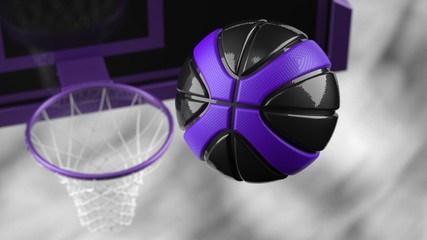 Black-Purple Basketball with dark brown toned foggy smoke background. 3D sketch design and illustration. 3D high quality rendering.