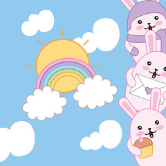 cute little rabbits with rainbow kawaii characters