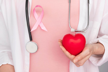 World Breast Cancer Day Concept,health care - Pink ribbon,Stethoscope,red heart for breast cancer...