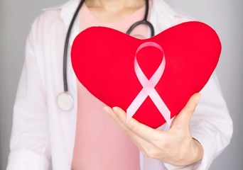 World Breast Cancer Day Concept,health care - Pink ribbon,Stethoscope,red heart for breast cancer...