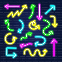 Set of hand drawn arrows icons. Neon light style. Vector illustration