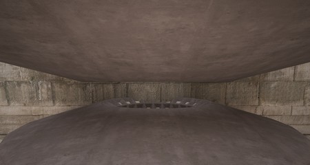 Abstract architectural concrete interior with discs. 3D illustration and rendering.