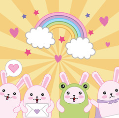 Obraz na płótnie Canvas cute little rabbits with rainbow kawaii characters