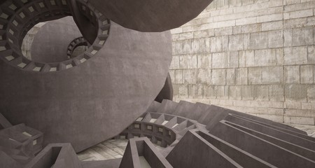 Abstract architectural concrete interior with discs. 3D illustration and rendering.