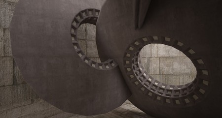 Abstract architectural concrete interior with discs. 3D illustration and rendering.