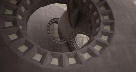 Abstract architectural concrete interior with discs. 3D illustration and rendering.