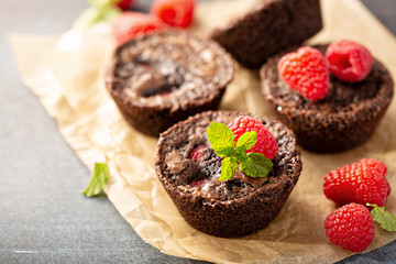 Homemade brownie bites with raspberries, chocolate cake treat