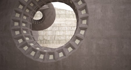 Abstract architectural concrete interior with discs. 3D illustration and rendering.