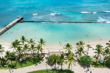 a perfect day at cheerful Waikiki beach, Oahu, Hawaii