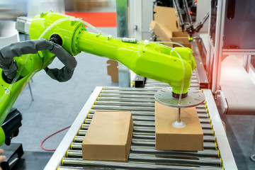 Articulated robotic arm at packaging line in factory