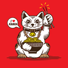 Lucky Fortune Cat Loves Japanese Ramen Noodle 
