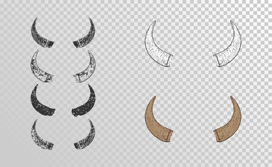 Obraz premium Vector set of hand drawn horns bull with grunge elements in different versions on a transparent background.
