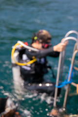 A backgrond blur bokeh of woman scuba diving