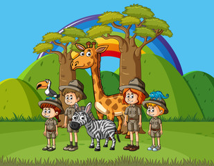 Obraz na płótnie Canvas Background scene with many kids and animals in the park