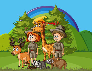 Obraz na płótnie Canvas Background scene with park rangers and wild animals