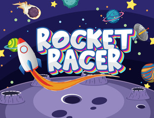 Poster design with rocket racer and many planets in background