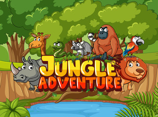 Font design for jungle adventure with animals in the forest background