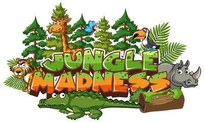 Obraz na płótnie Canvas Font design for word jungle madness with many wild animals